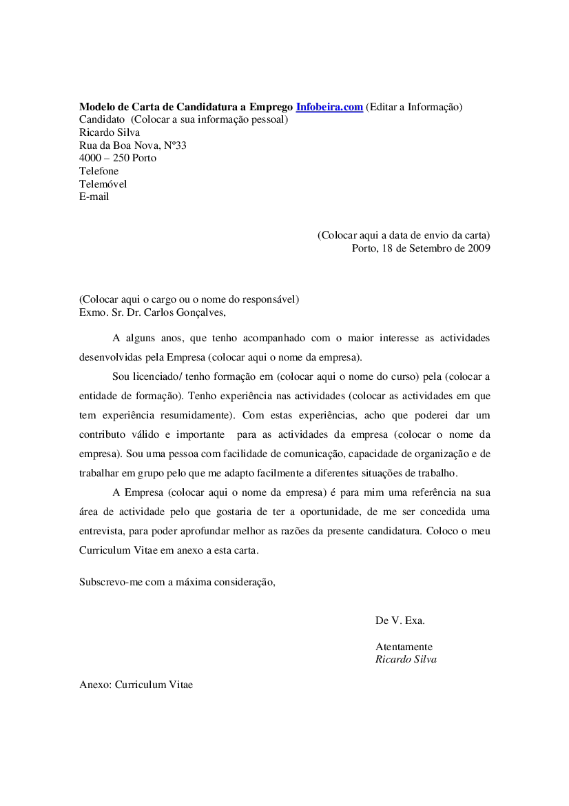 Exemplo Carta de Candidatura emprego